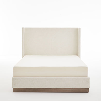 Hosford minimalist upholstered wingback bed with wood base, beige fabric by HouseOfZazla on Tampa Home & Garden Store