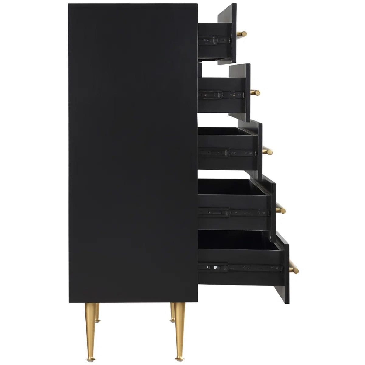 Contemporary five-drawer accent chest in black with gold-tone pulls and tapered legs on Tampa Home & Garden Store