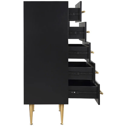 Contemporary five-drawer accent chest in black with gold-tone pulls and tapered legs on Tampa Home & Garden Store