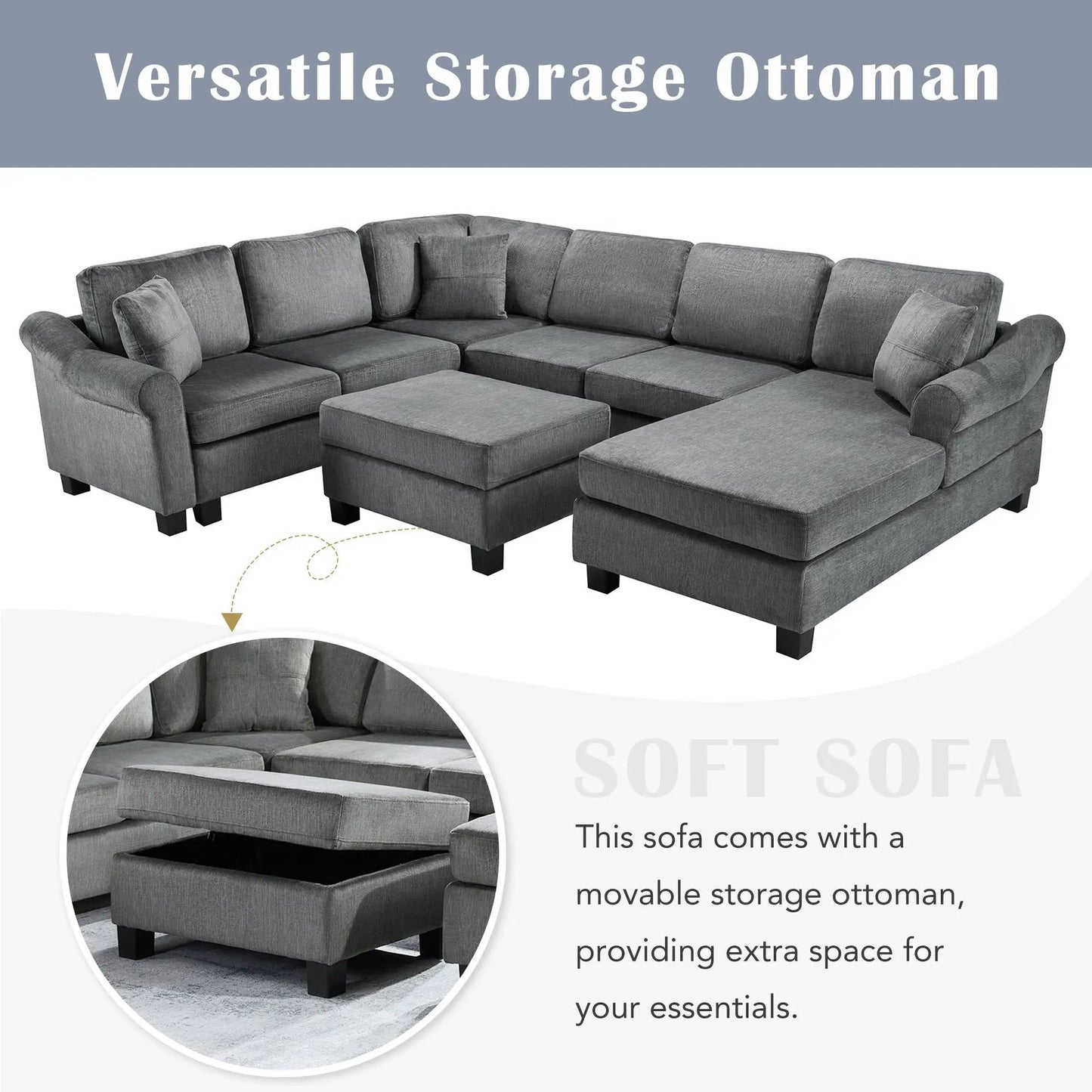 Contemporary U-shaped sectional sofa with movable storage ottoman, gray fabric 2-piece set on Tampa Home & Garden Store
