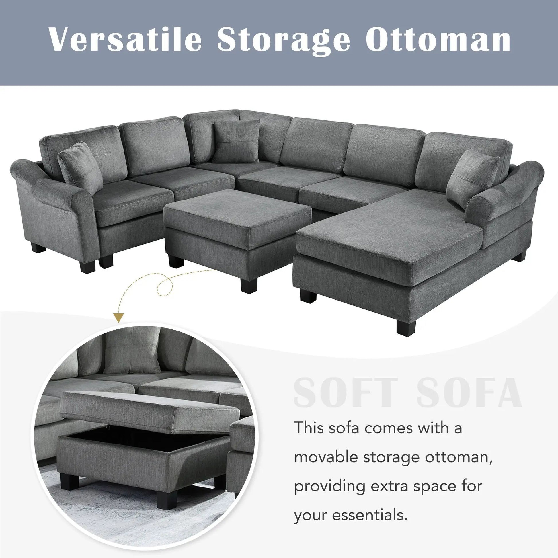 Contemporary U-shaped sectional sofa with movable storage ottoman, gray fabric 2-piece set on Tampa Home & Garden Store