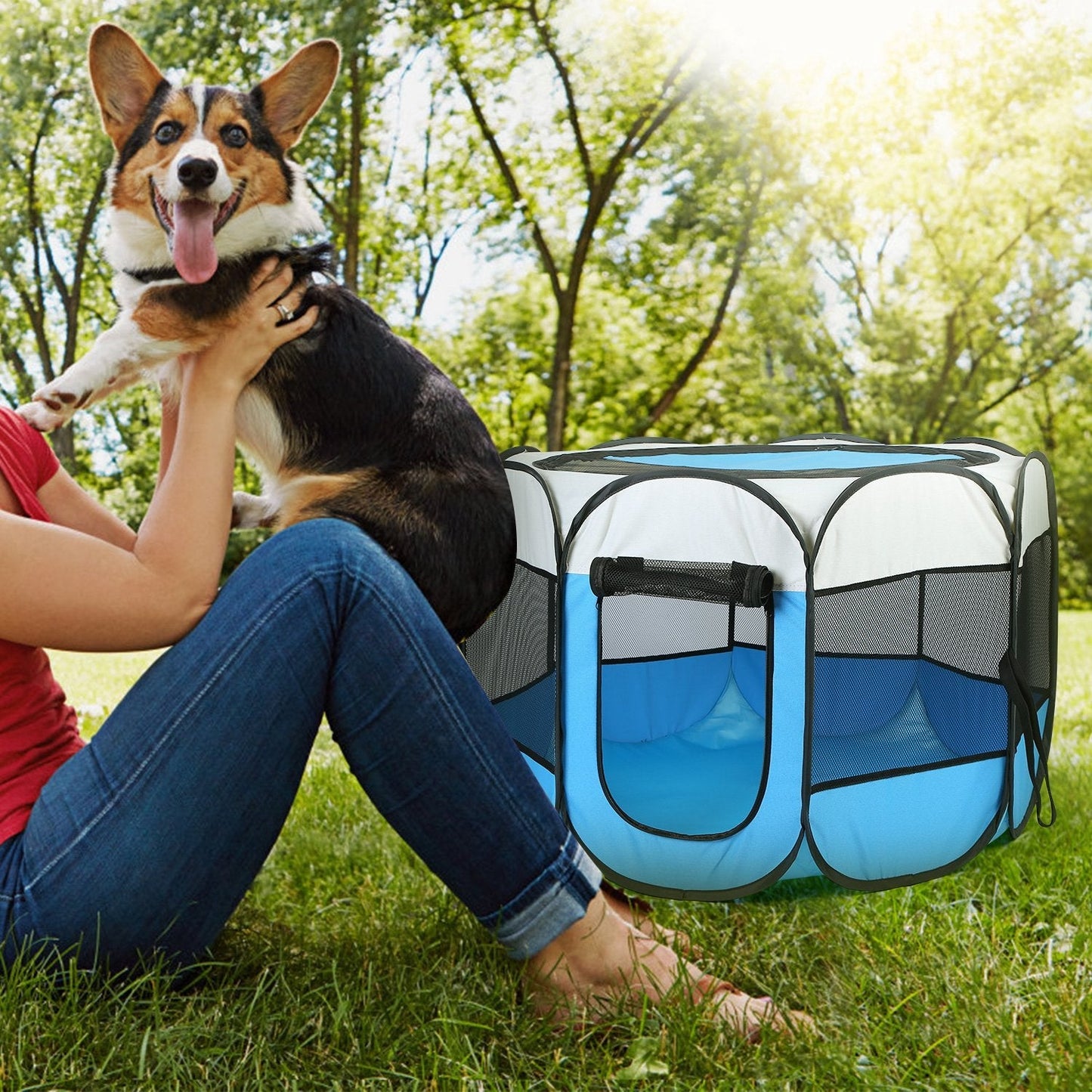 GemGear portable foldable pet exercise pen in blue with mesh panels for dogs and cats on Tampa Home & Garden Store