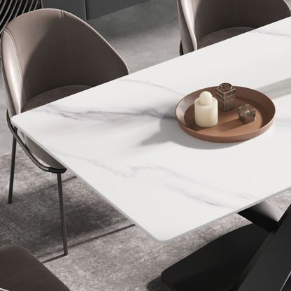 Modern white artificial stone dining table with metal X-leg base on Tampa Home & Garden Store