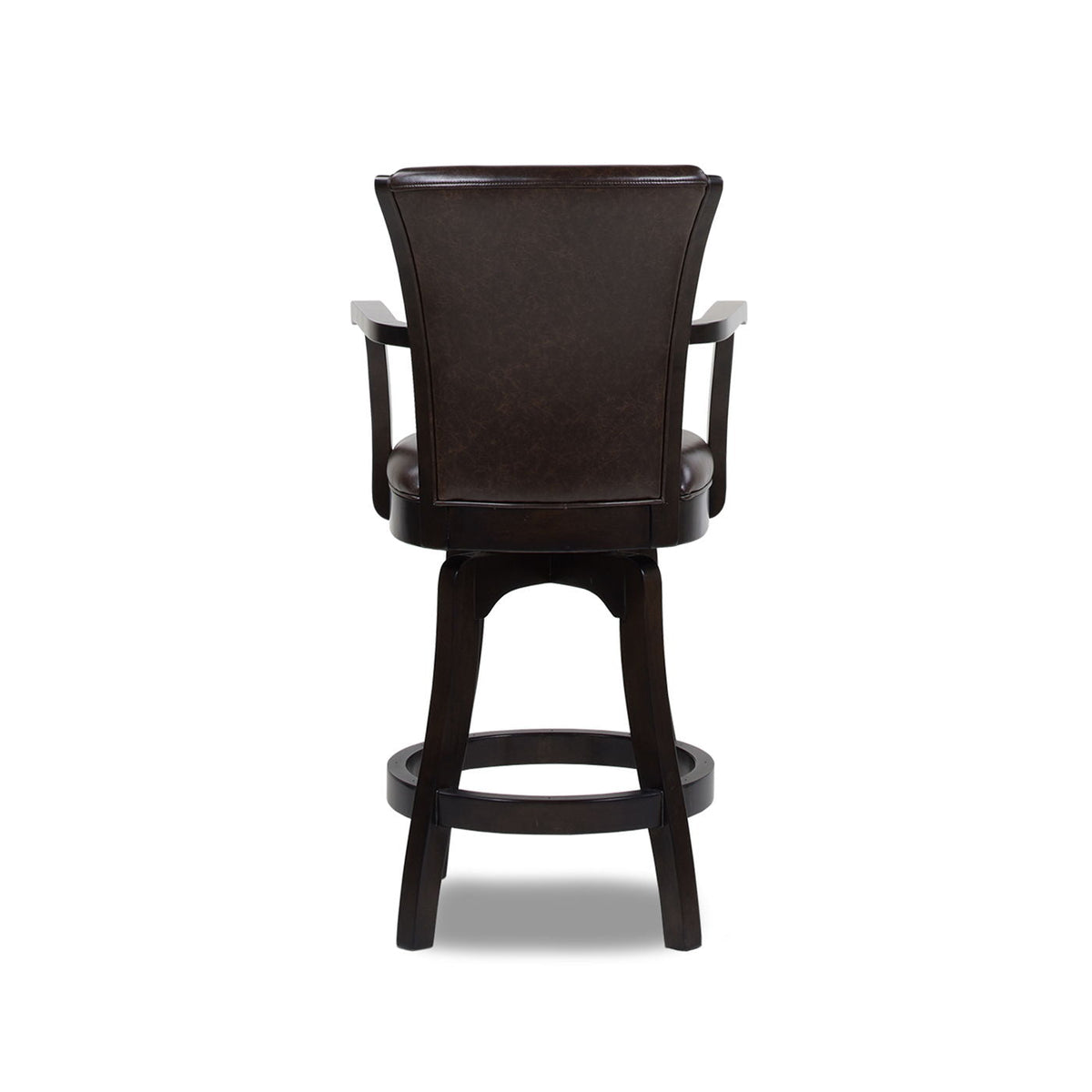 Swivel counter-height bar stool in dark brown leather with high back and footrest, rear view on Tampa Home & Garden Store