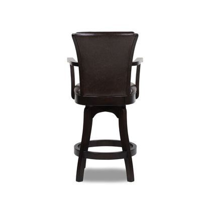 Swivel counter-height bar stool in dark brown leather with high back and footrest, rear view on Tampa Home & Garden Store