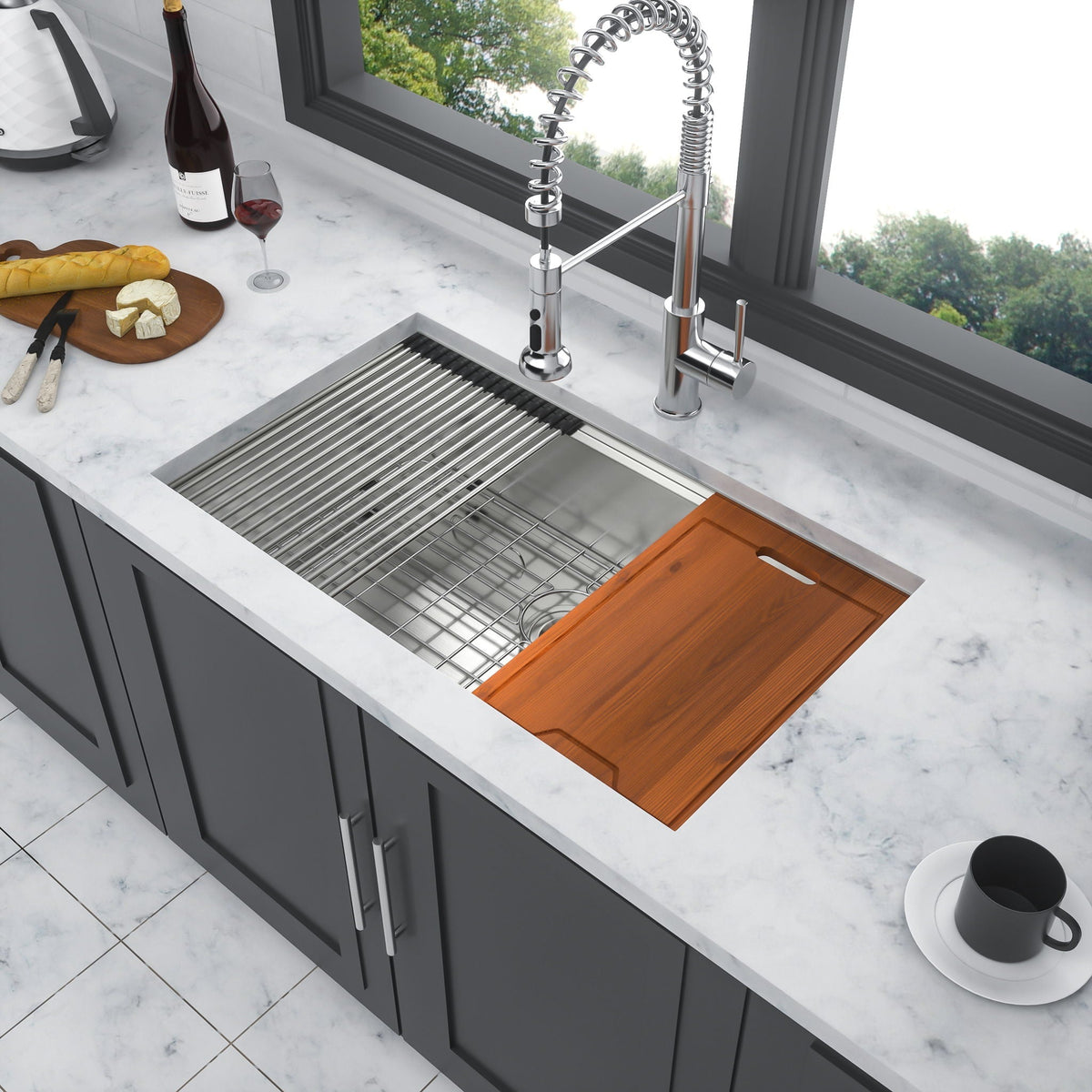 Single Bowl Undermount Workstation Kitchen Sink by HouseOfZazla chrome faucet on Tampa Home & Garden Store