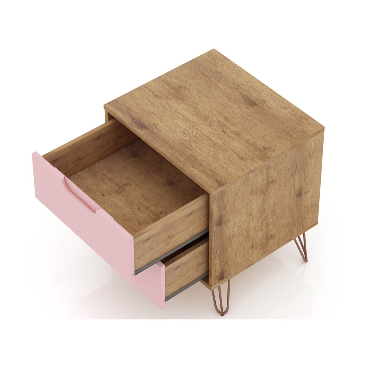 2-drawer accent nightstand with natural wood top, pink fronts, and splayed legs on Tampa Home & Garden Store