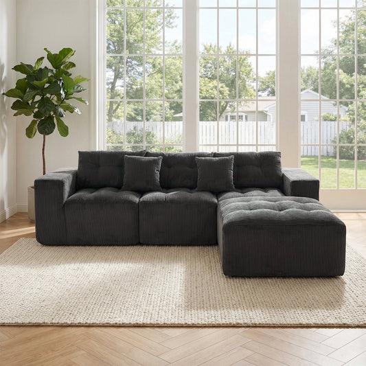 101-inch L-shaped modular compression sofa by HouseOfZazla in dark charcoal corduroy with chaise on Tampa Home & Garden Store