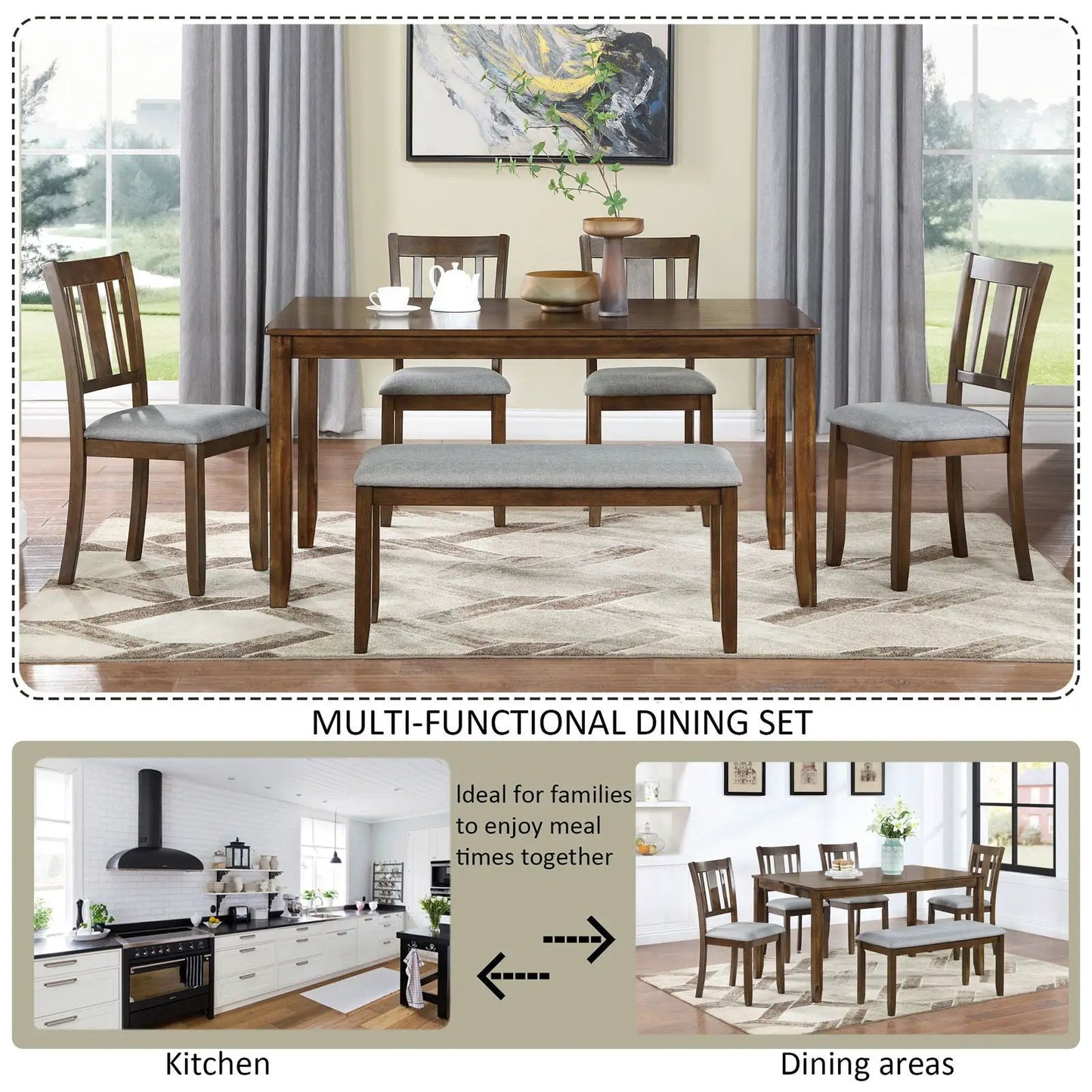 6-piece dining set with rectangular table and gray upholstered chairs by Unique Piece Furniture on Tampa Home & Garden Store