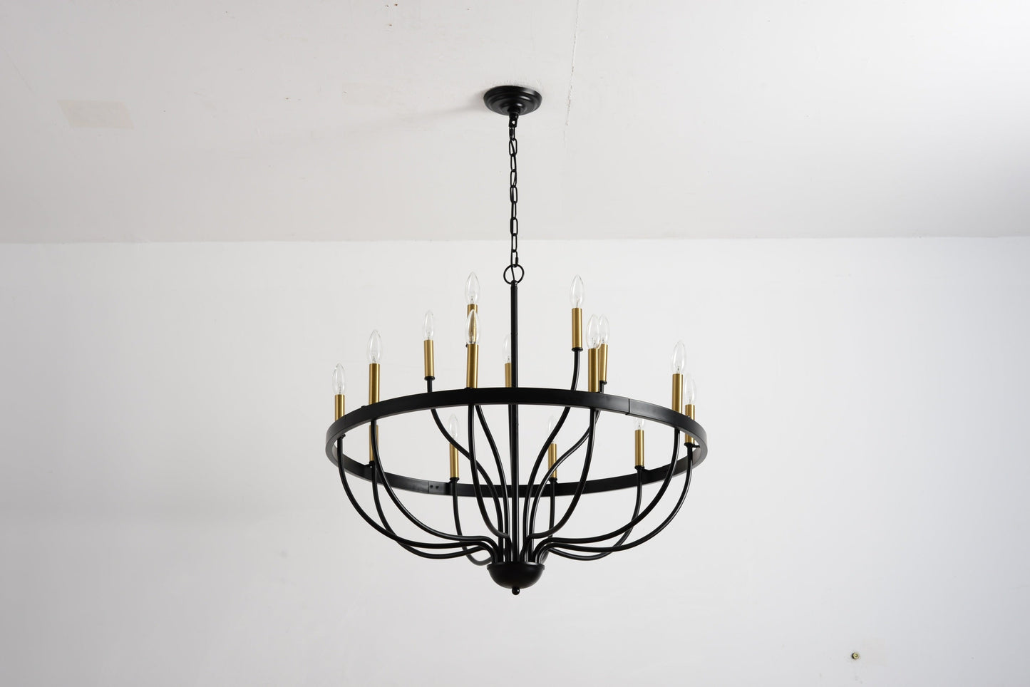 18-light industrial iron chandelier with black ring frame and gold candle sockets, chain hung on Tampa Home & Garden Store

