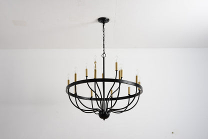 18-light industrial iron chandelier with black ring frame and gold candle sockets, chain hung on Tampa Home & Garden Store

