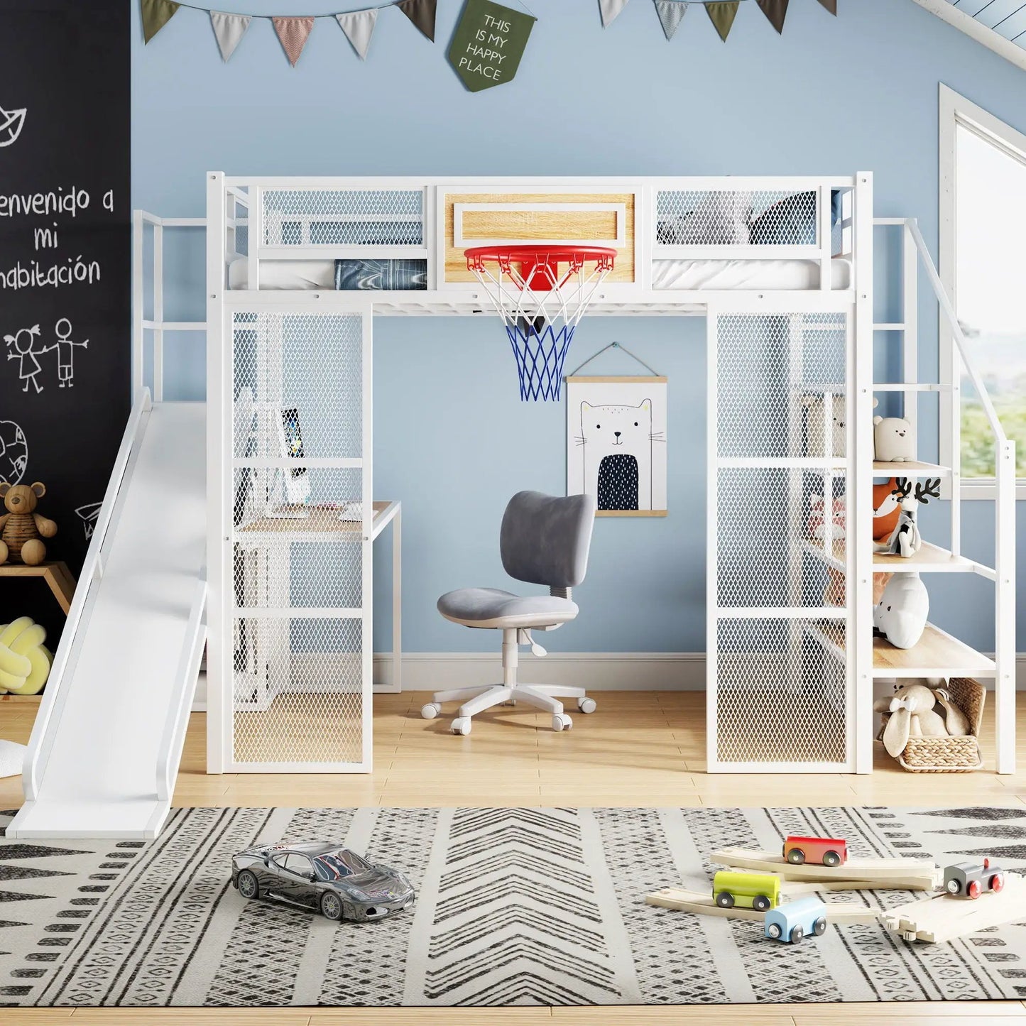 Loft bed with built-in desk, wardrobe, basketball hoop, slide and staircase in white metal on Tampa Home & Garden Store