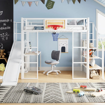Loft bed with built-in desk, wardrobe, basketball hoop, slide and staircase in white metal on Tampa Home & Garden Store