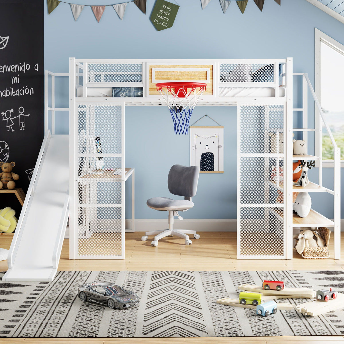 White loft bed with built-in desk, open wardrobe, basketball hoop, slide and staircase HouseOfZazla on Tampa Home & Garden Store