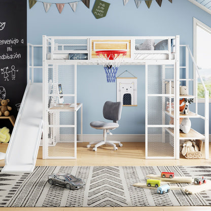 White loft bed with built-in desk, open wardrobe, basketball hoop, slide and staircase HouseOfZazla on Tampa Home & Garden Store