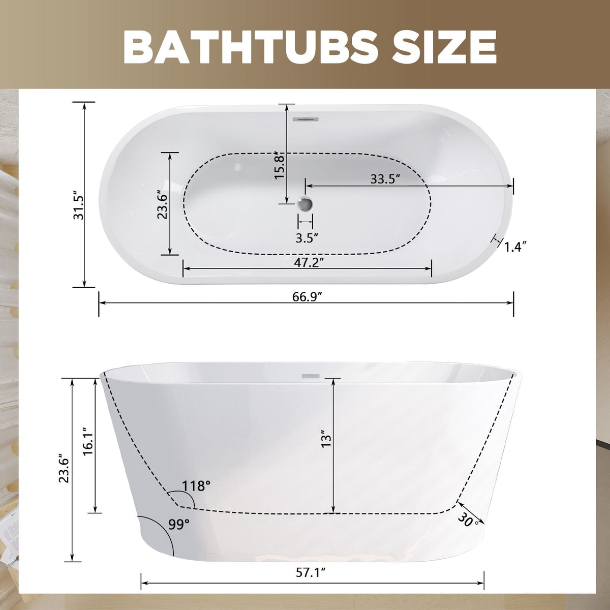 Glossy freestanding bathtub with toe-tap drain by HouseOfZazla; 66.9 in L x 31.5 in W diagram on Tampa Home & Garden Store