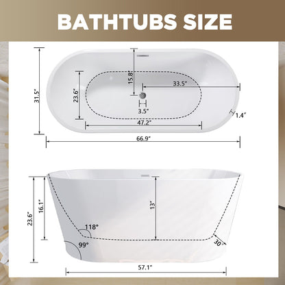 Glossy freestanding bathtub with toe-tap drain by HouseOfZazla; 66.9 in L x 31.5 in W diagram on Tampa Home & Garden Store