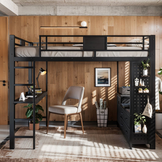Queen Size Loft Bed with Desk & Shelves black metal frame with built-in desk and storage on Tampa Home & Garden Store