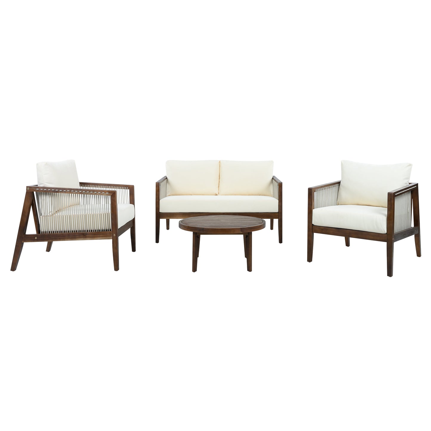 Outdoor 4-Piece Sofa Set HouseOfZazla, acacia wood frame rope detail; 2 chairs, sofa, table on Tampa Home & Garden Store