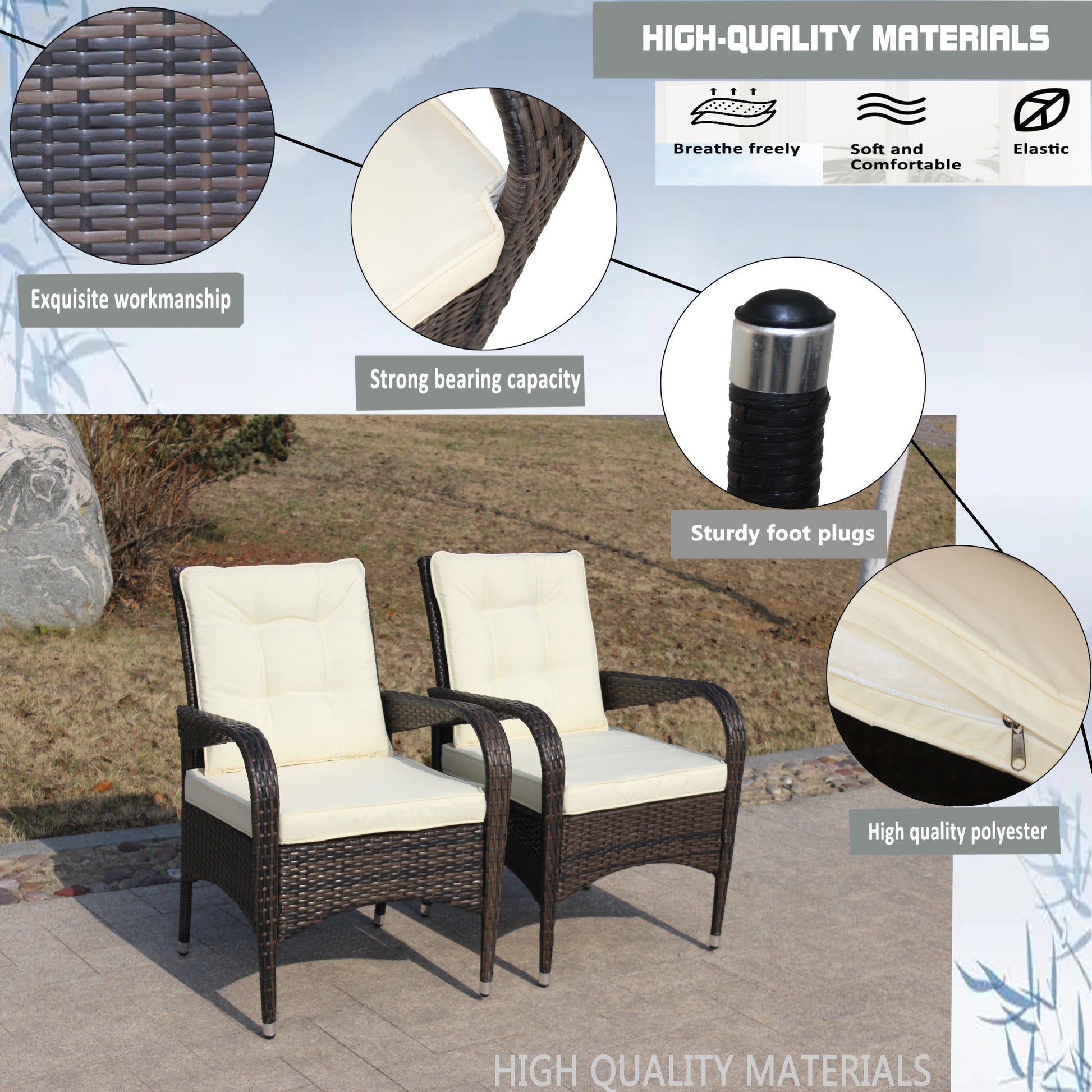 2-Piece Liberatore outdoor dining chairs with beige cushions in dark wicker by HouseOfZazla on Tampa Home & Garden Store
