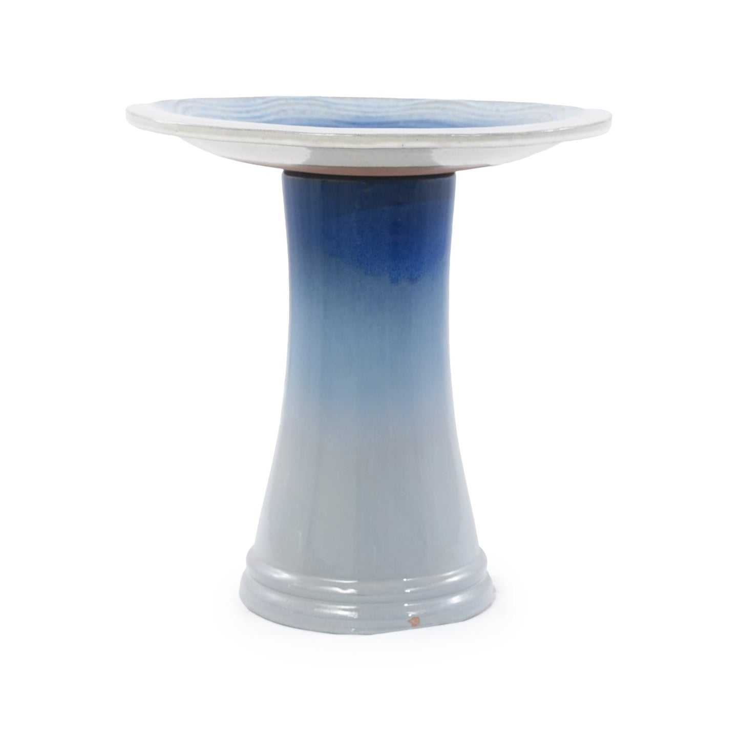 Handmade glazed ceramic bird bath with blue interior on a blue pedestal HouseOfZazla on Tampa Home & Garden Store