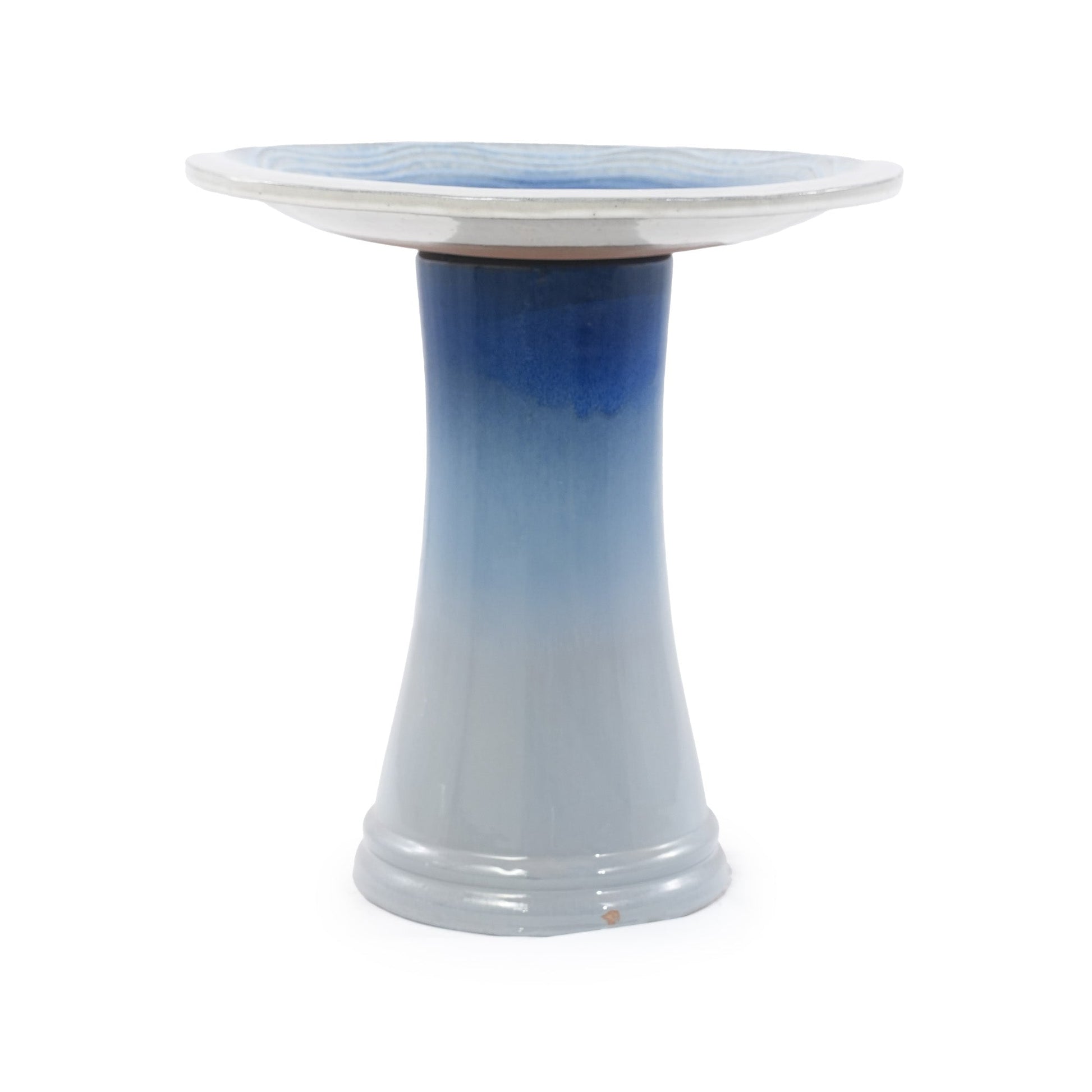 Handmade glazed ceramic bird bath with blue interior on a blue pedestal HouseOfZazla on Tampa Home & Garden Store