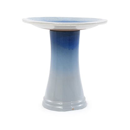 Handmade glazed ceramic bird bath with blue interior on a blue pedestal HouseOfZazla on Tampa Home & Garden Store