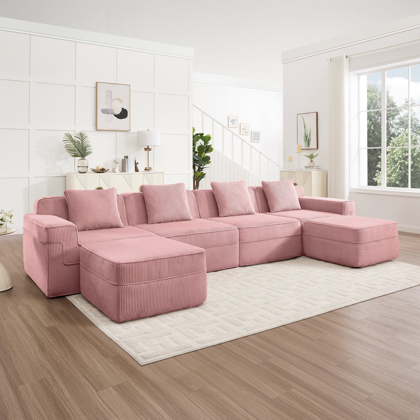 HouseOfZazla Modular 4-Seat U-Shape Boneless Sofa in pink corduroy with a matching ottoman on Tampa Home & Garden Store