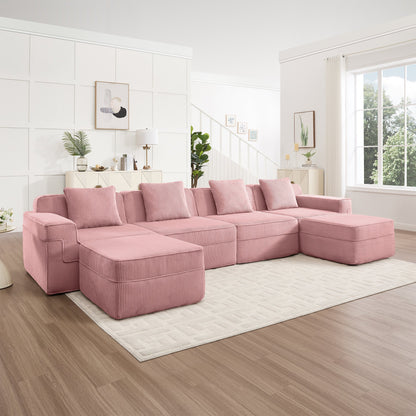 HouseOfZazla Modular 4-Seat U-Shape Boneless Sofa in pink corduroy with a matching ottoman on Tampa Home & Garden Store