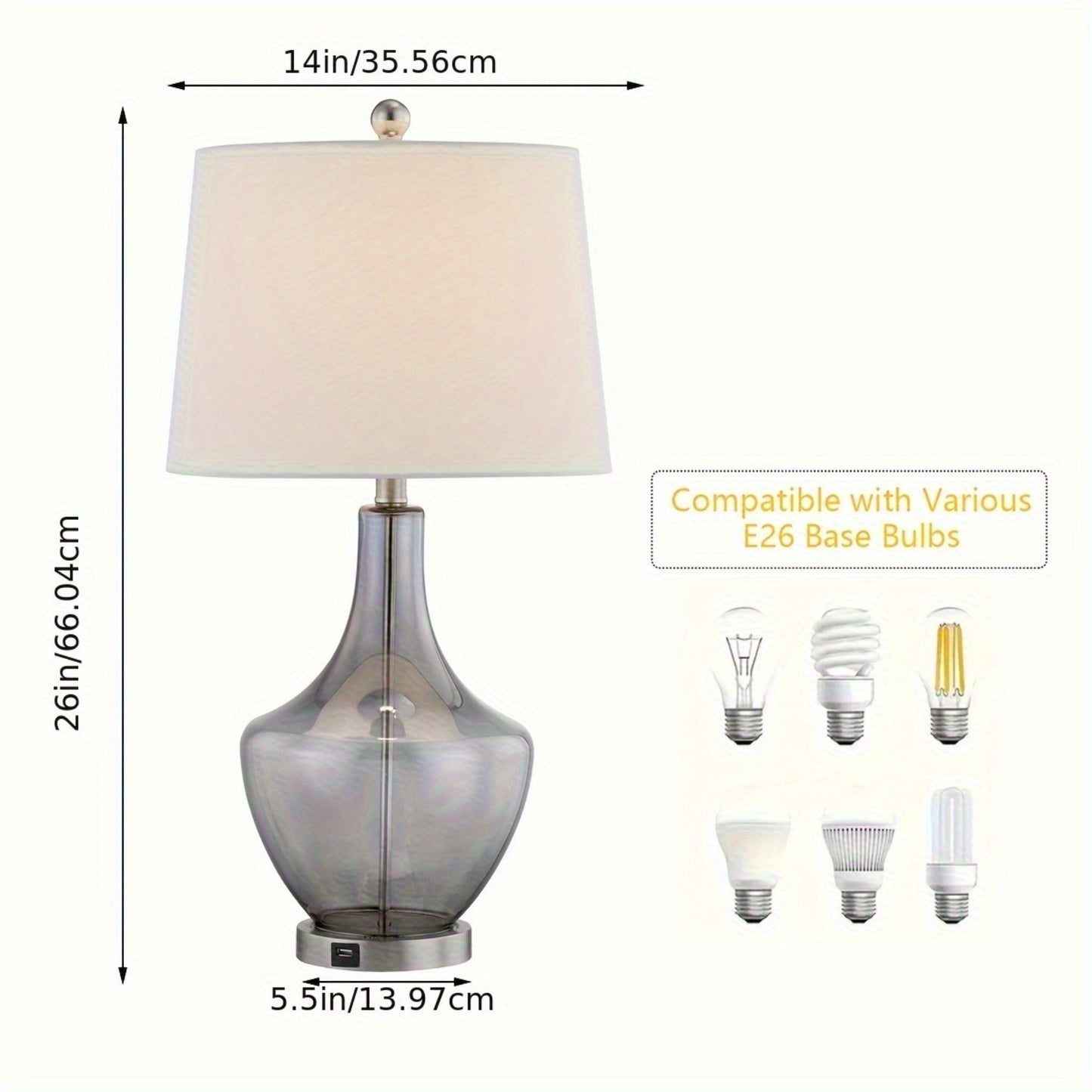 26-Inches Tall Glass Table Lamp with USB Port, clear glass base, fabric shade, HouseOfZazla on Tampa Home & Garden Store
