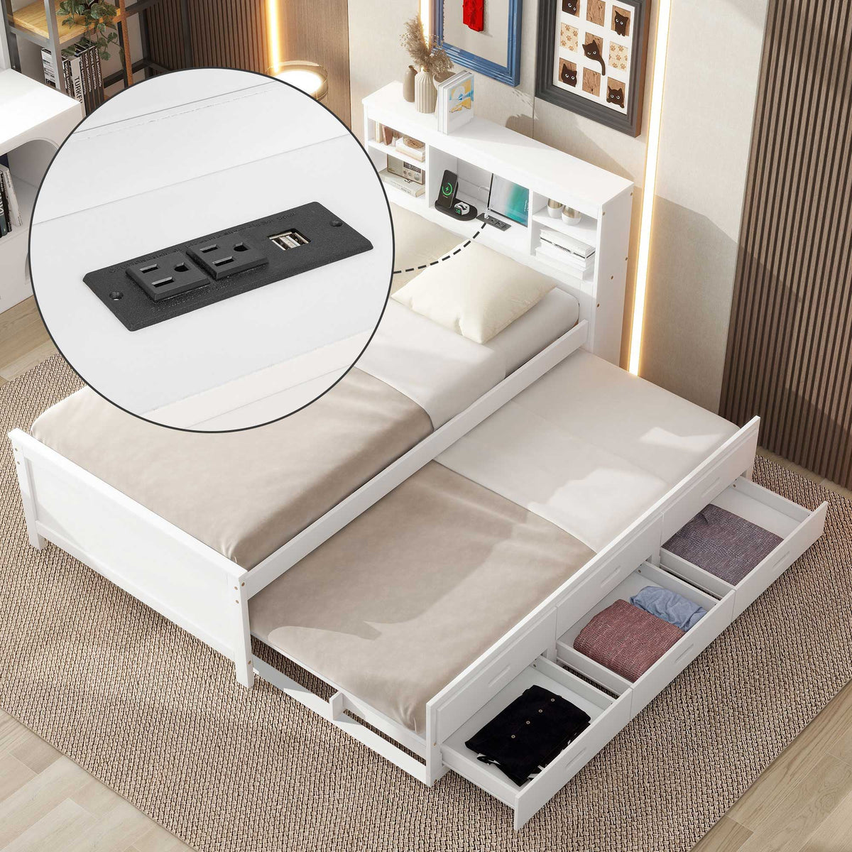 White platform bed with storage headboard, USB, trundle and 3 drawers HouseOfZazla on Tampa Home & Garden Store