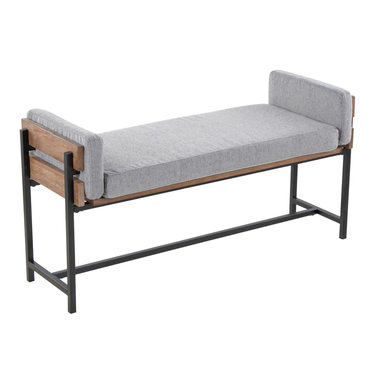 Upholstered farmhouse bench with wood panel accents in grey fabric by HouseOfZazla on Tampa Home & Garden Store