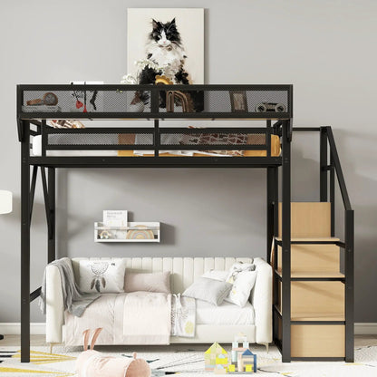 Loft bed with stairs in black metal, mesh panels, storage shelves and wardrobe over a daybed on Tampa Home & Garden Store