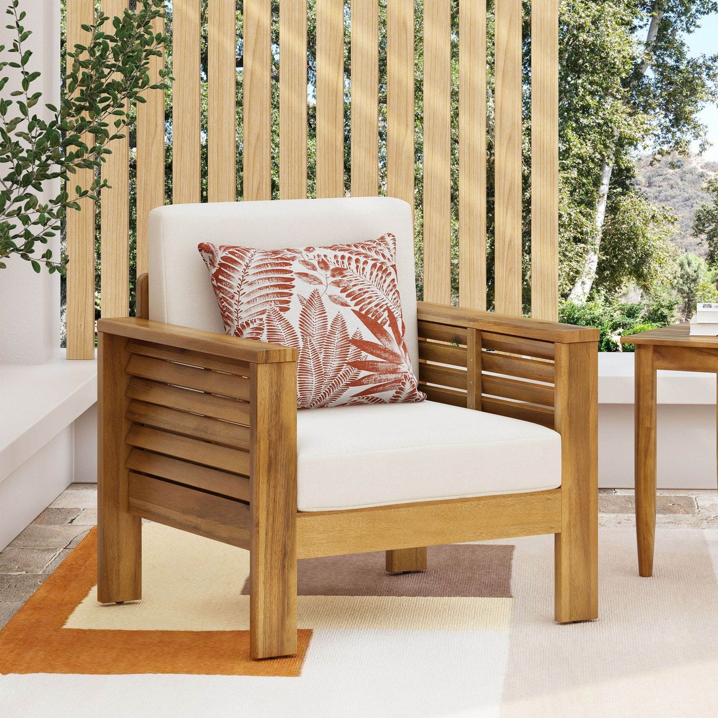 Slat Design Club Chairs with beige cushions in natural wood, HouseOfZazla outdoor chairs on Tampa Home & Garden Store