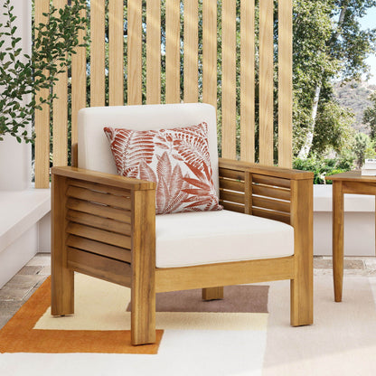 Slat Design Club Chairs with beige cushions in natural wood, HouseOfZazla outdoor chairs on Tampa Home & Garden Store