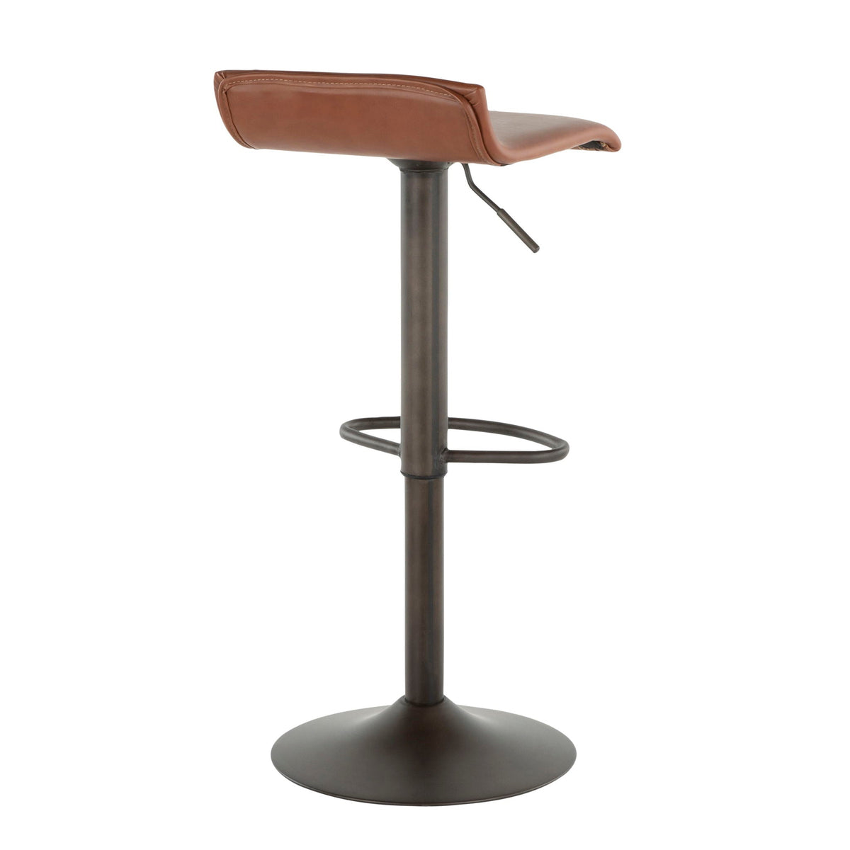 Industrial barstool with brown cushioned seat, adjustable swivel, metal pedestal and footring on Tampa Home & Garden Store