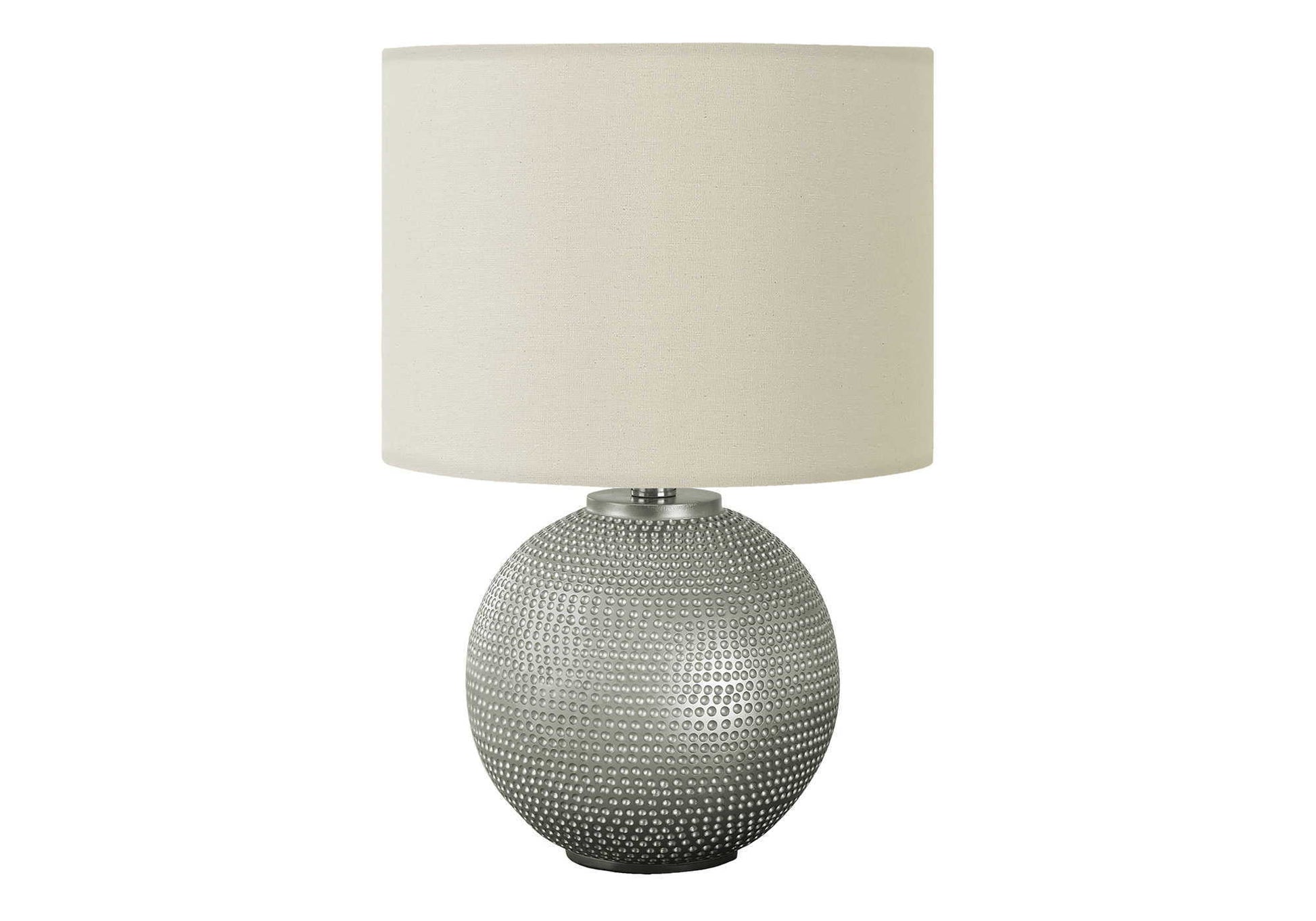 Table lamp modern gray/cream with textured metallic pebble base and cream fabric shade on Tampa Home & Garden Store