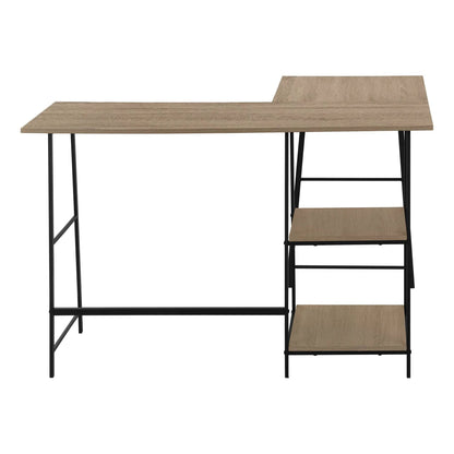 Computer desk L-shaped corner with storage shelves, oak finish and black metal frame on Tampa Home & Garden Store