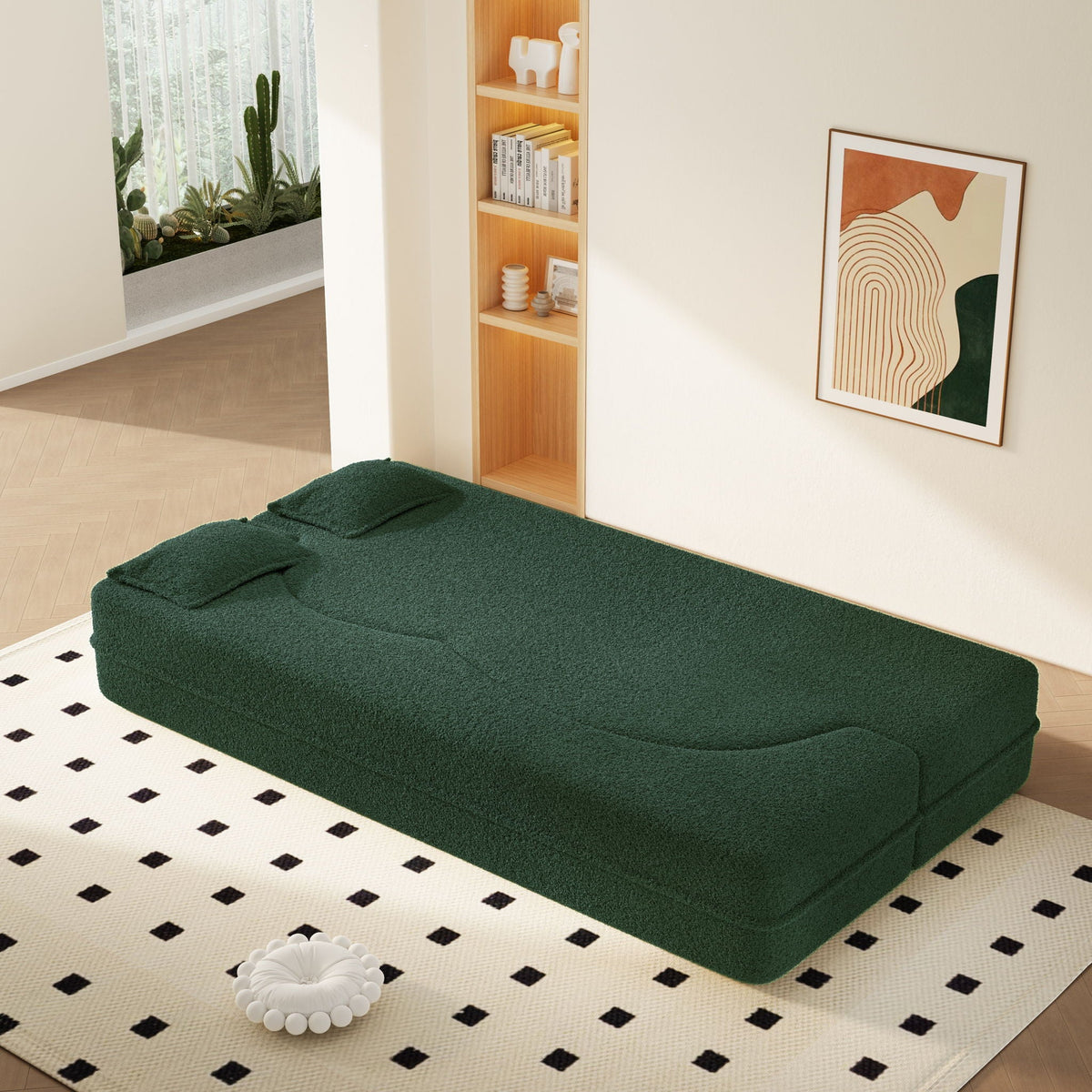 Modern Floor Sleeper Sofa Bed And Two Pillows