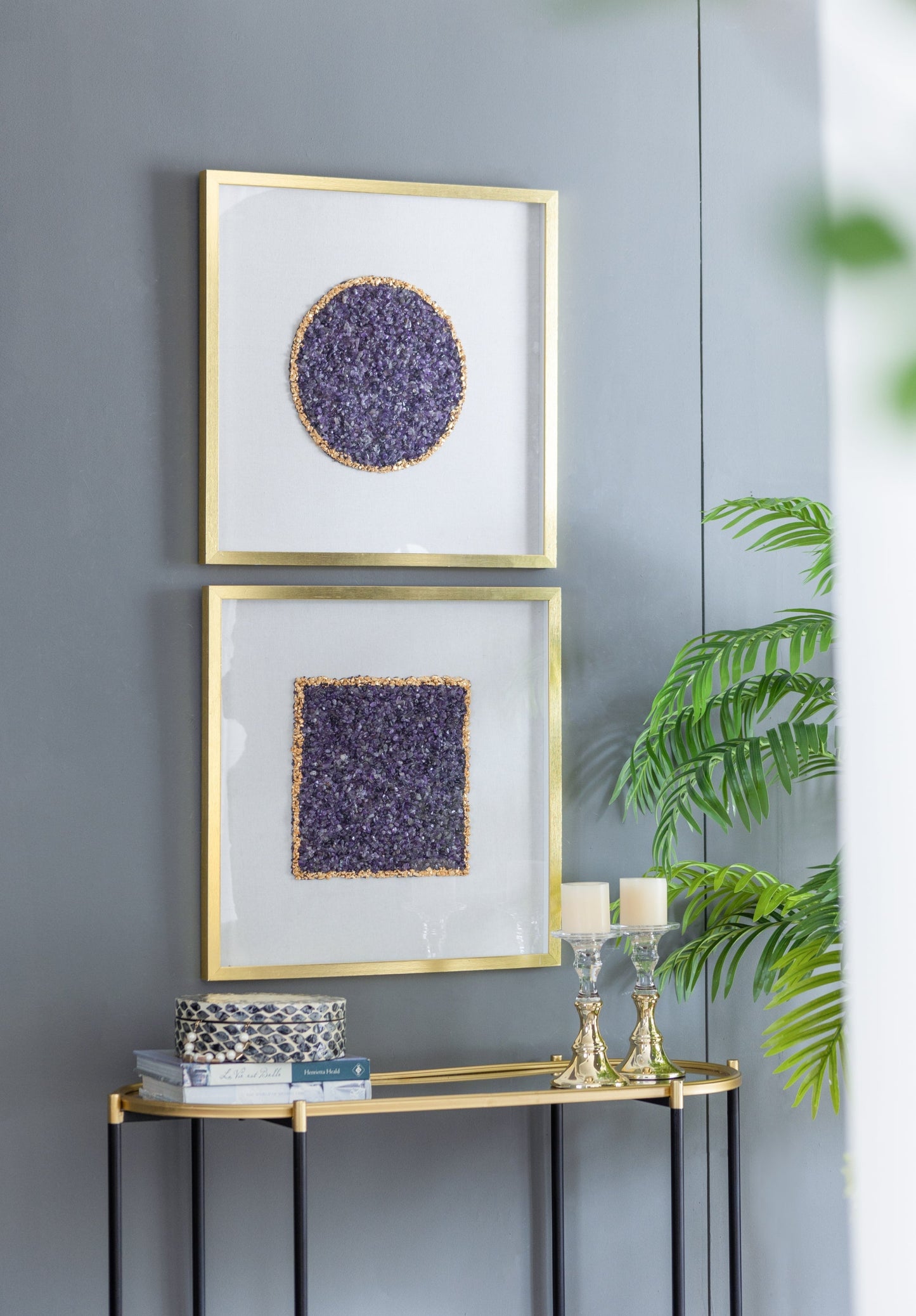 Lillian Améthyste Shadow Box Duo wall art by HouseOfZazla; amethyst geode panels in gold frames on Tampa Home & Garden Store