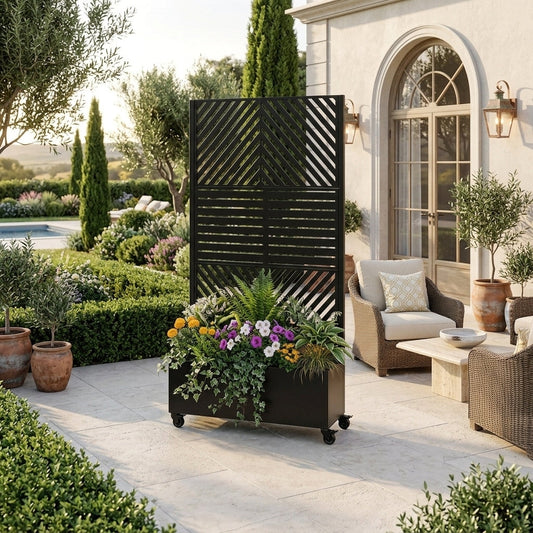 Metal Planter Box with Trellis, black HouseOfZazla planter on wheels with colorful flowers on Tampa Home & Garden Store