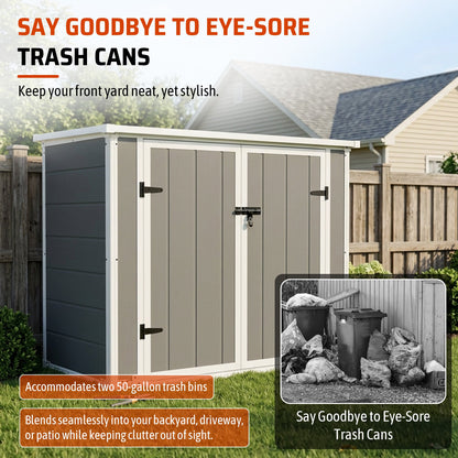 HouseOfZazla horizontal outdoor storage shed gray with white trim in backyard with multiple trash bins on Tampa Home & Garden Store