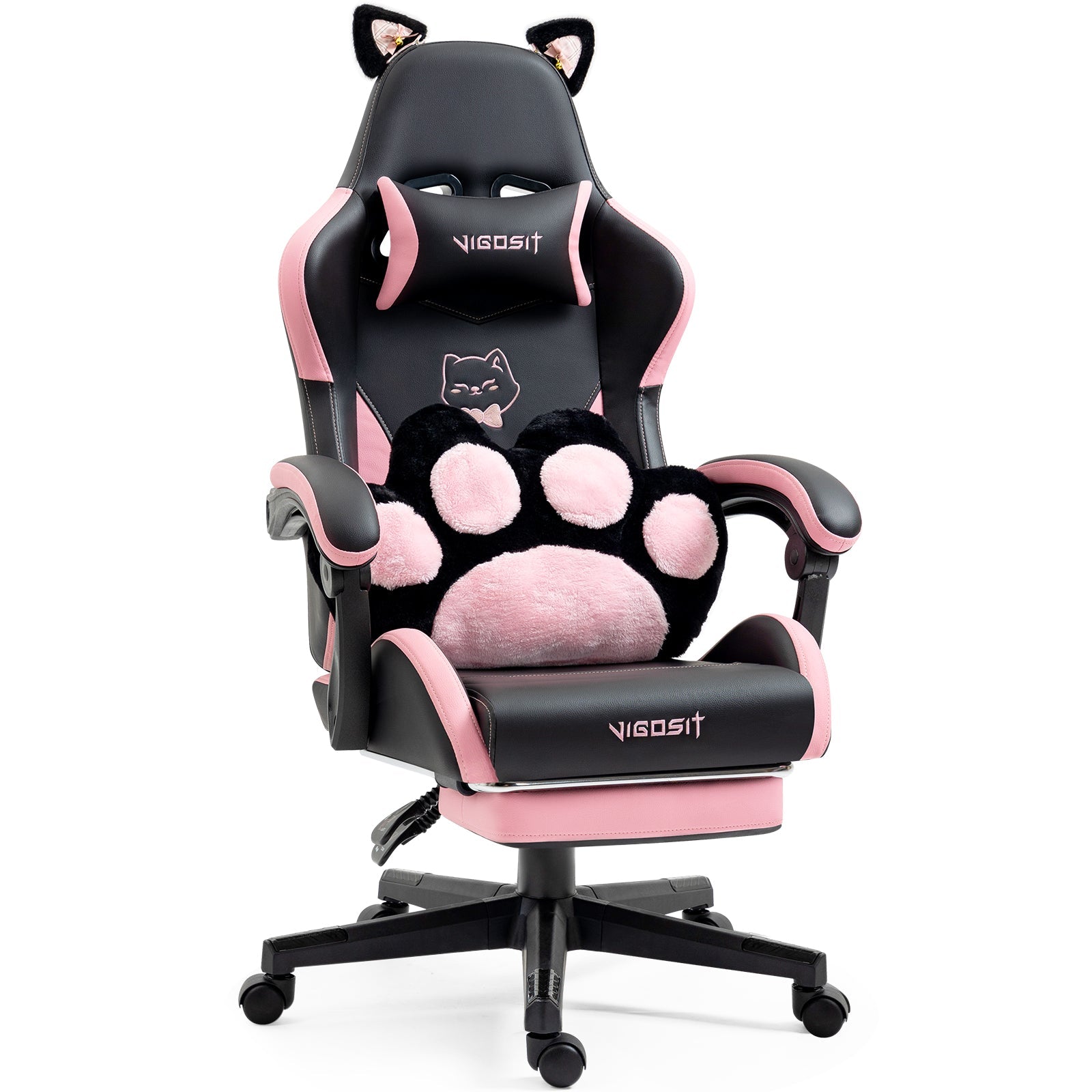 Cute Cat Gaming Chair with Paw Lumbar Cushion in pink and black faux leather, VIGOSIT on Tampa Home & Garden Store