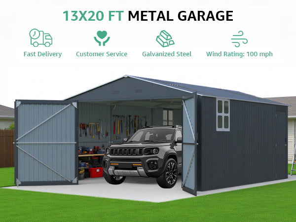 13x20FT metal garage shed by HouseOfZazla, blue-gray galvanized steel with car inside on Tampa Home & Garden Store