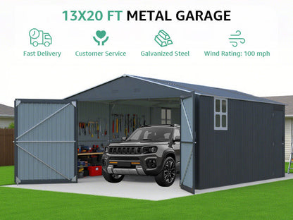 13x20FT metal garage shed by HouseOfZazla, blue-gray galvanized steel with car inside on Tampa Home & Garden Store