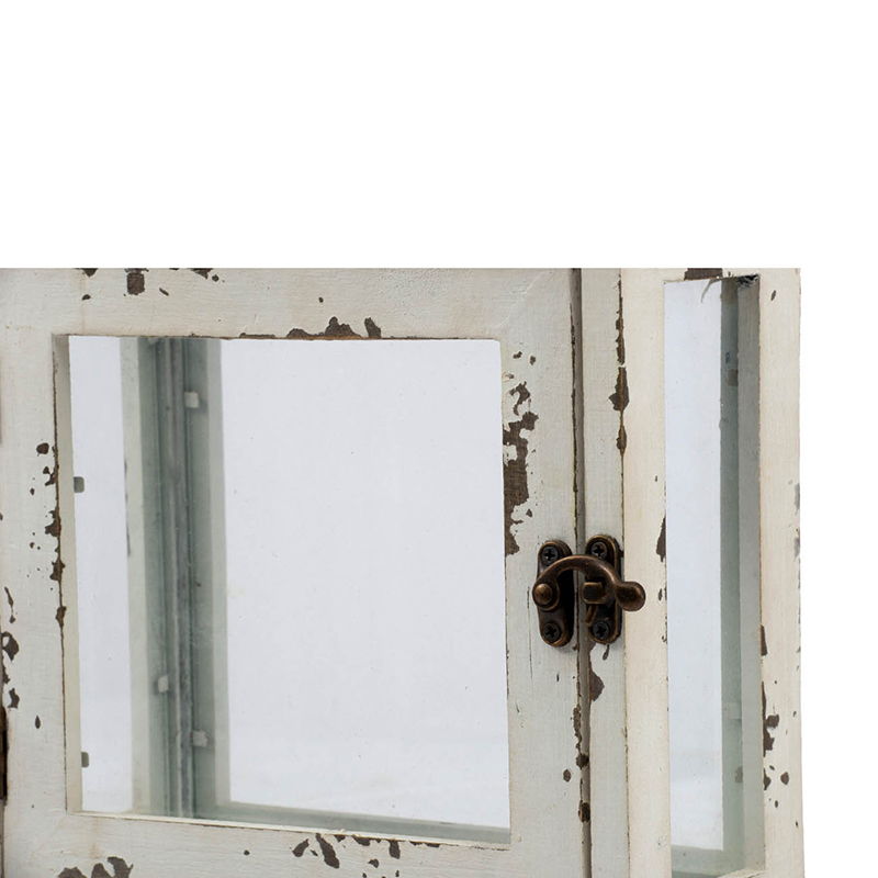 Wooden candle lantern with distressed white finish, glass panels and metal latch on Tampa Home & Garden Store