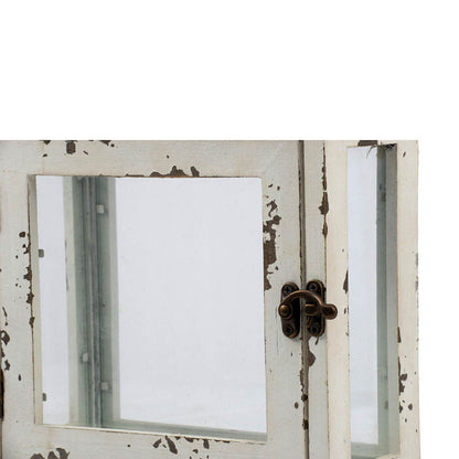 Wooden candle lantern with distressed white finish, glass panels and metal latch on Tampa Home & Garden Store