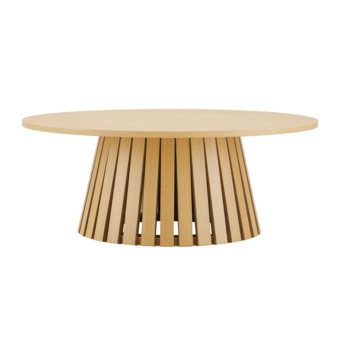 Layla End Table round light brown wood grain top with a slatted pedestal base on Tampa Home & Garden Store