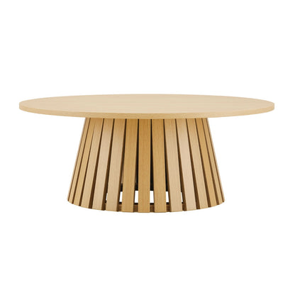 Layla End Table round light brown wood grain top with a slatted pedestal base on Tampa Home & Garden Store