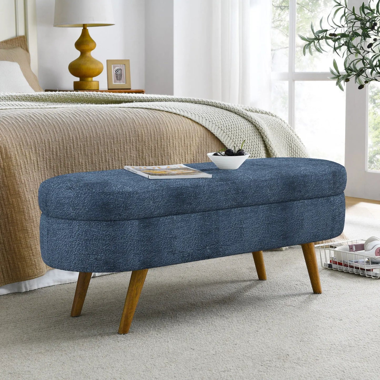 Ottoman Oval Storage Bench With Rubber Wood Legs